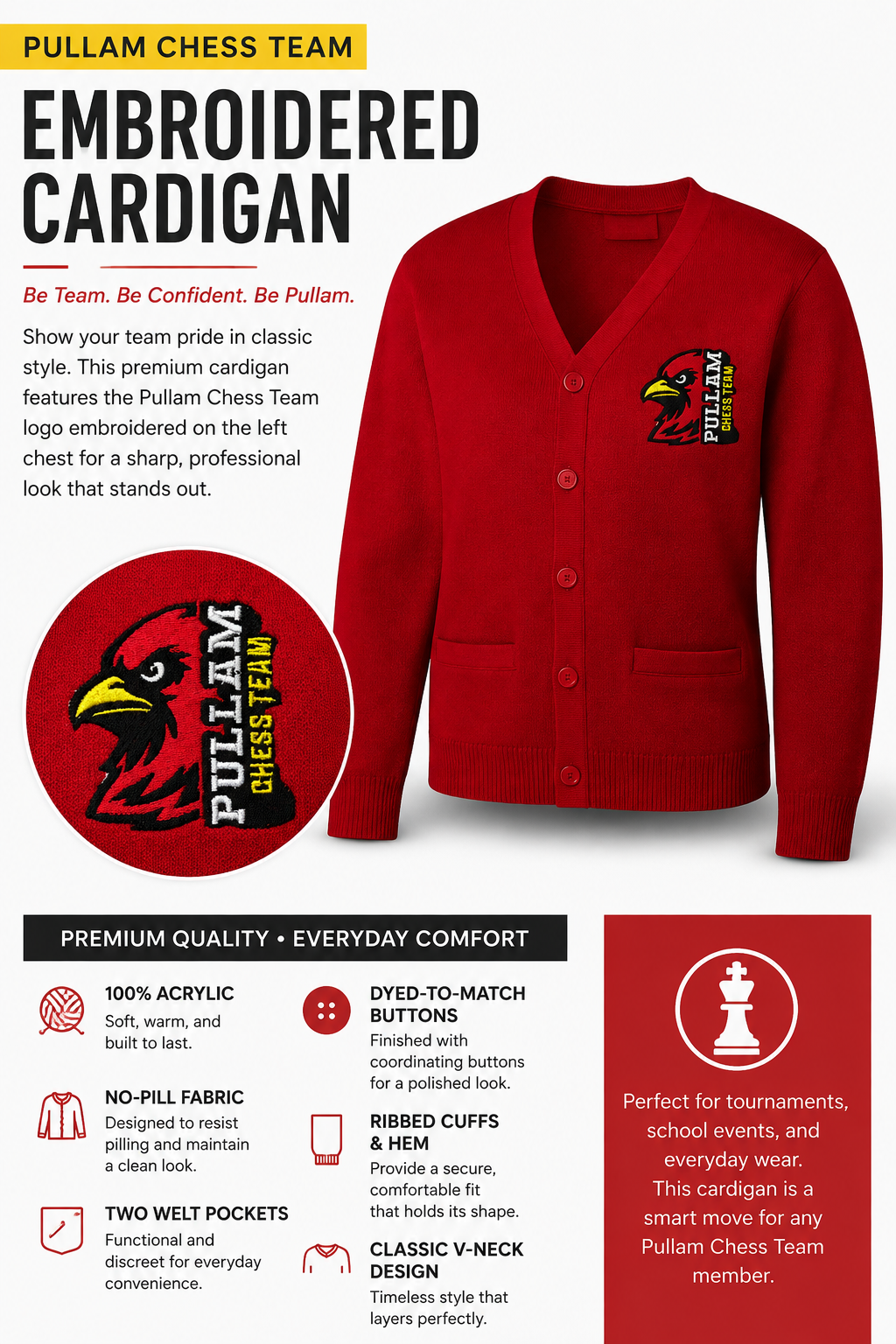 Pullam Chess Team Embroidered Red Cardigan
